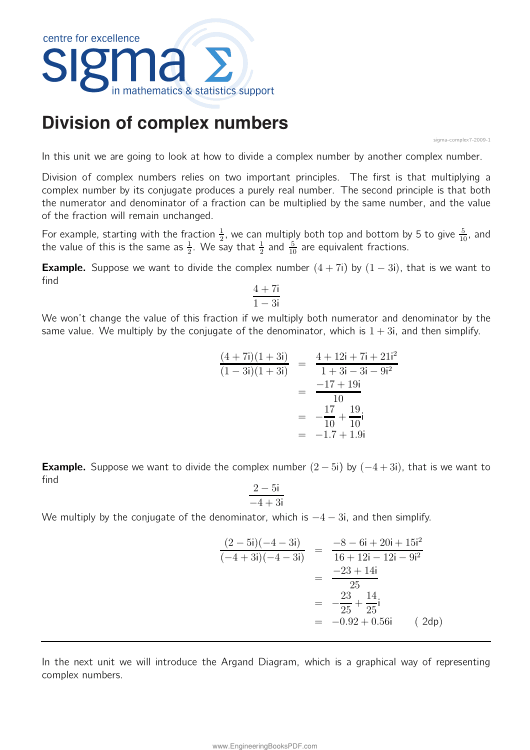 Division of complex numbers PDF Free Download